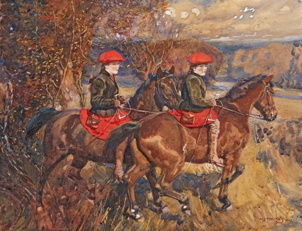 Hazel Mary Buxton on Blackie and Rose Buxton on Micky hunting with the Dunstan Harriers, Autumn 1906