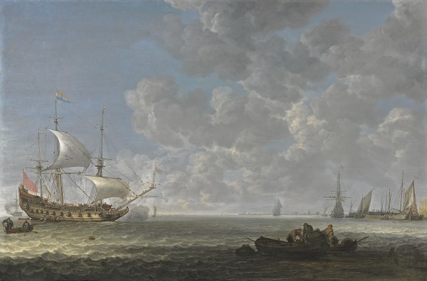 A view of the river Maas from the shore of Schoonderloo towards the west along the mouth of the harbour of Delfshaven, with the town of Schiedam in the far distance