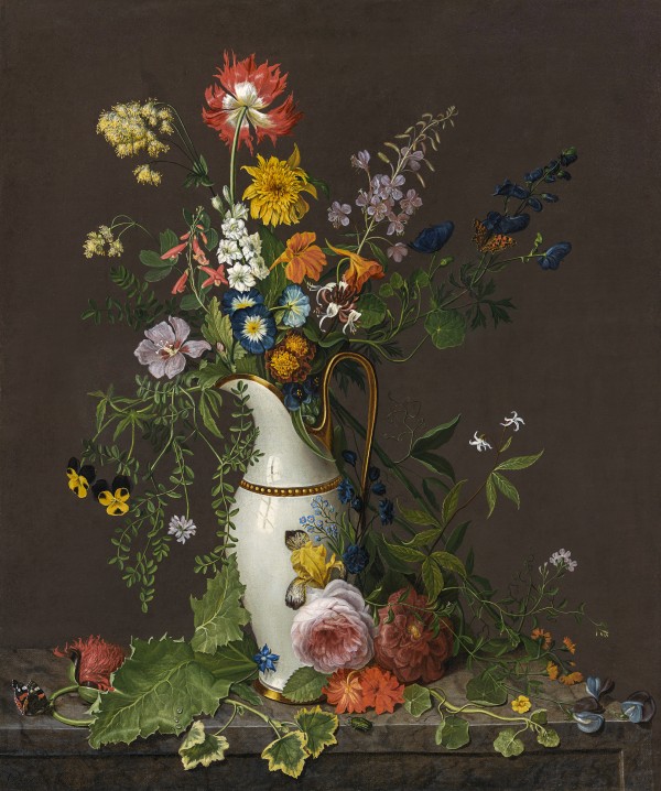Still life of flowers in a tall white jug on a stone table, with a Comma (Polygonia c-album) and a Red Admiral (Vanessa atalanta) butterfly