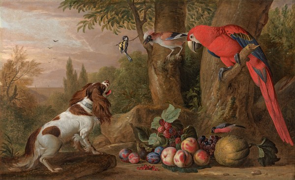 A King Charles spaniel with a scarlet macaw, jay and blue tit, with fruit in a park landscape