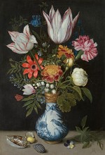 Ambrosius Bosschaert the Elder - A still life of tulips, roses, lilies-of-the-valley, forget-me-nots, cyclamen and other flowers in a silver-gilt-mounted Wanli vase, with shells and a pansy on a ledge