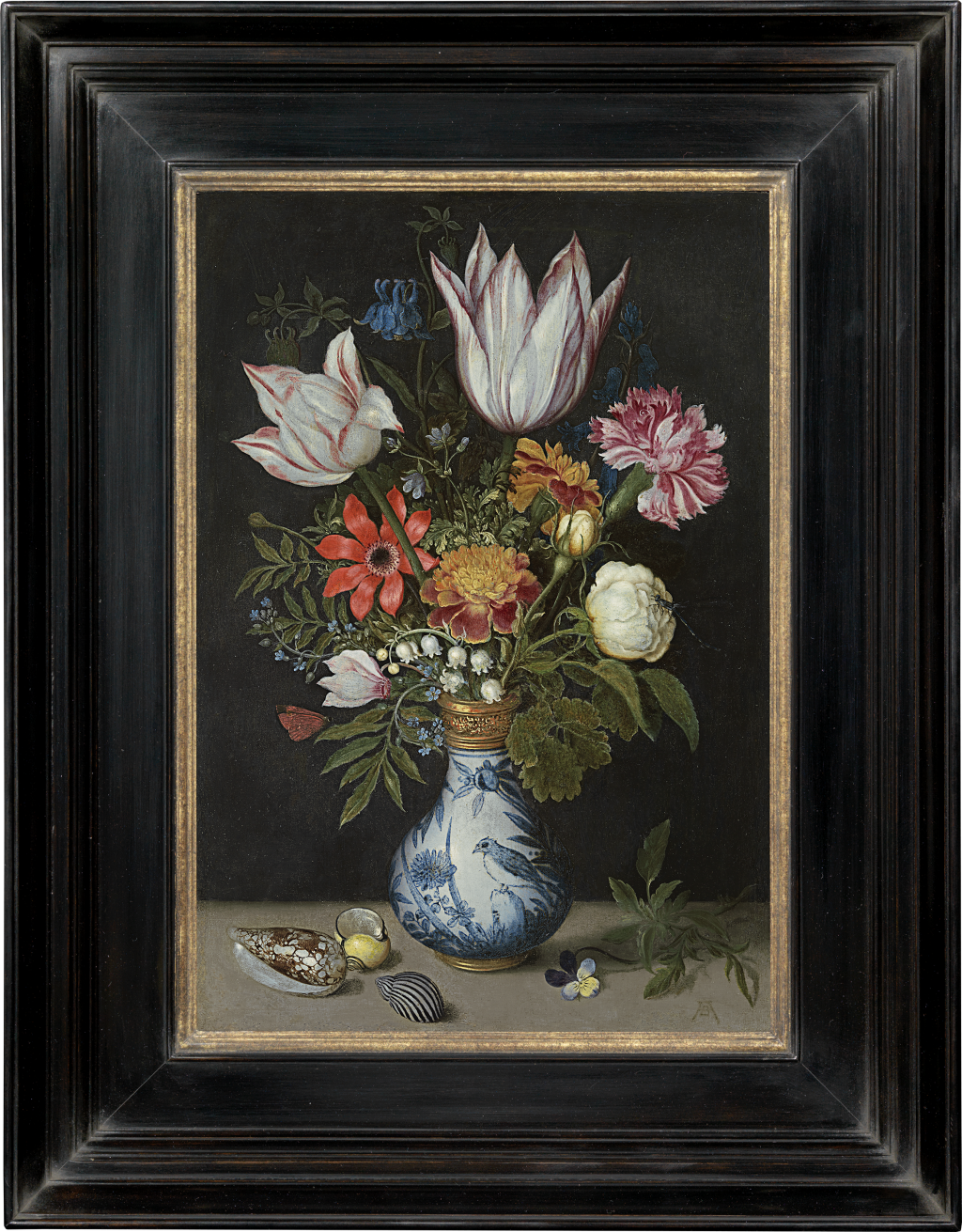 Ambrosius Bosschaert the Elder - A still life of tulips, roses, lilies-of-the-valley, forget-me-nots, cyclamen and other flowers in a silver-gilt-mounted Wanli vase, with shells and a pansy on a ledge