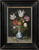 Ambrosius Bosschaert the Elder - A still life of tulips, roses, lilies-of-the-valley, forget-me-nots, cyclamen and other flowers in a silver-gilt-mounted Wanli vase, with shells and a pansy on a ledge